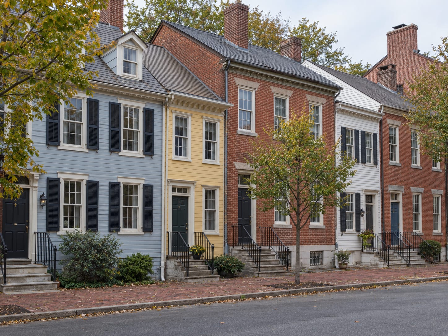 Narrow two and three storey attached and twin houses in clapboard and brick, painted blue, yellow and white, with front stoops at the sidewalk, in Bordentown, New Jersey
