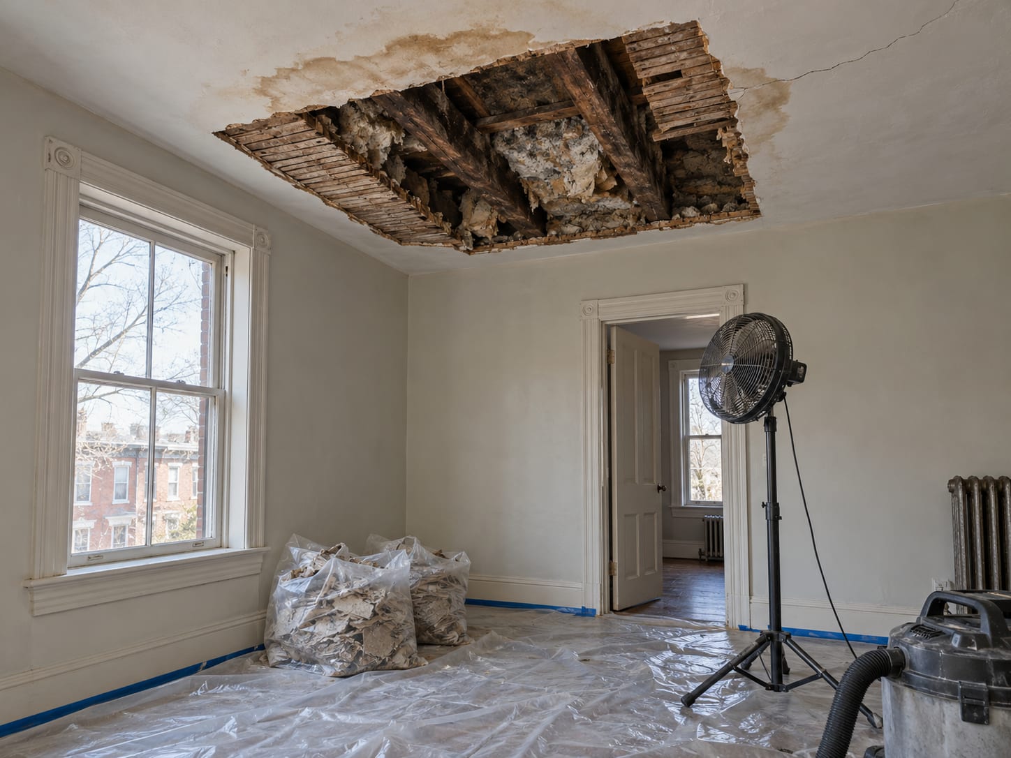 A water stained plaster ceiling under an old flat roof section cut open to show wet lath, joists and damp insulation, in a Bordentown, New Jersey row house