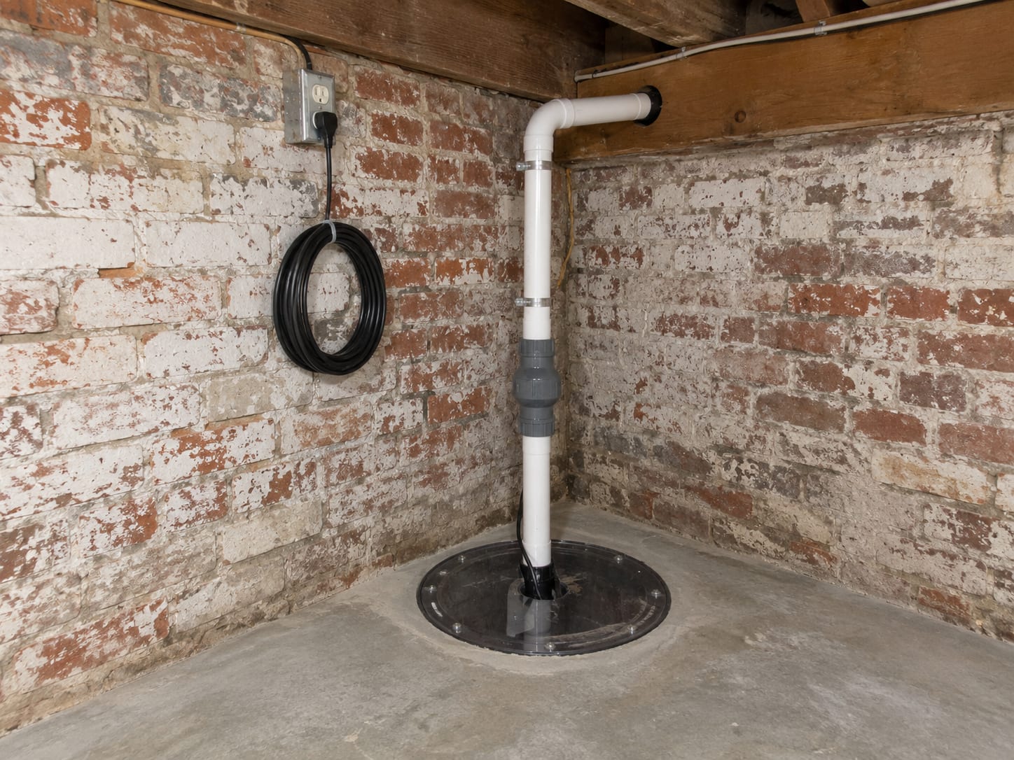 A round sump pit in a cellar floor with a new submersible pump, a white pipe with a check valve and a discharge line running out through the rim joist, in Bordentown, New Jersey