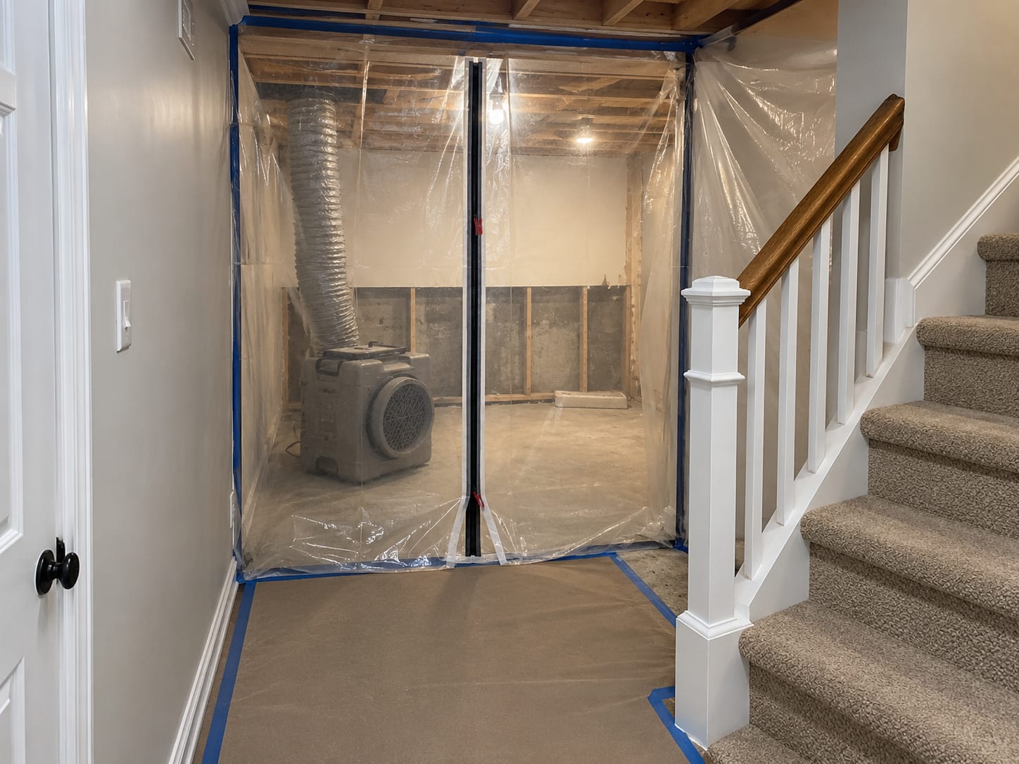 A basement sealed off by taped poly sheeting with a zipper door, an air scrubber inside the contained half and the open stair leading up to the living floor, in a Bordentown, New Jersey townhouse