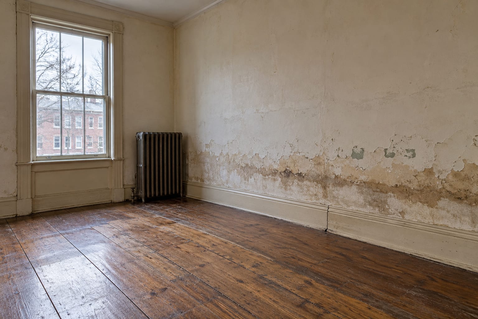 The lower part of a plaster wall in an old row house back room with peeling paint, a dark stain above the baseboard and a swollen wooden baseboard, in Bordentown, New Jersey