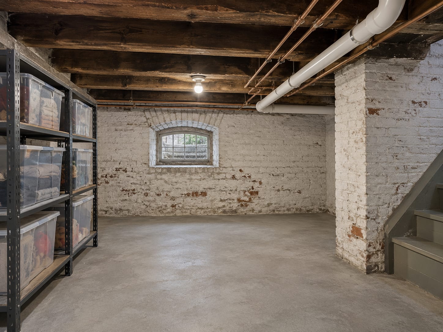 A dry whitewashed brick cellar with a swept concrete floor, new copper supply lines overhead and metal shelving with sealed plastic bins, in a Bordentown, New Jersey row house