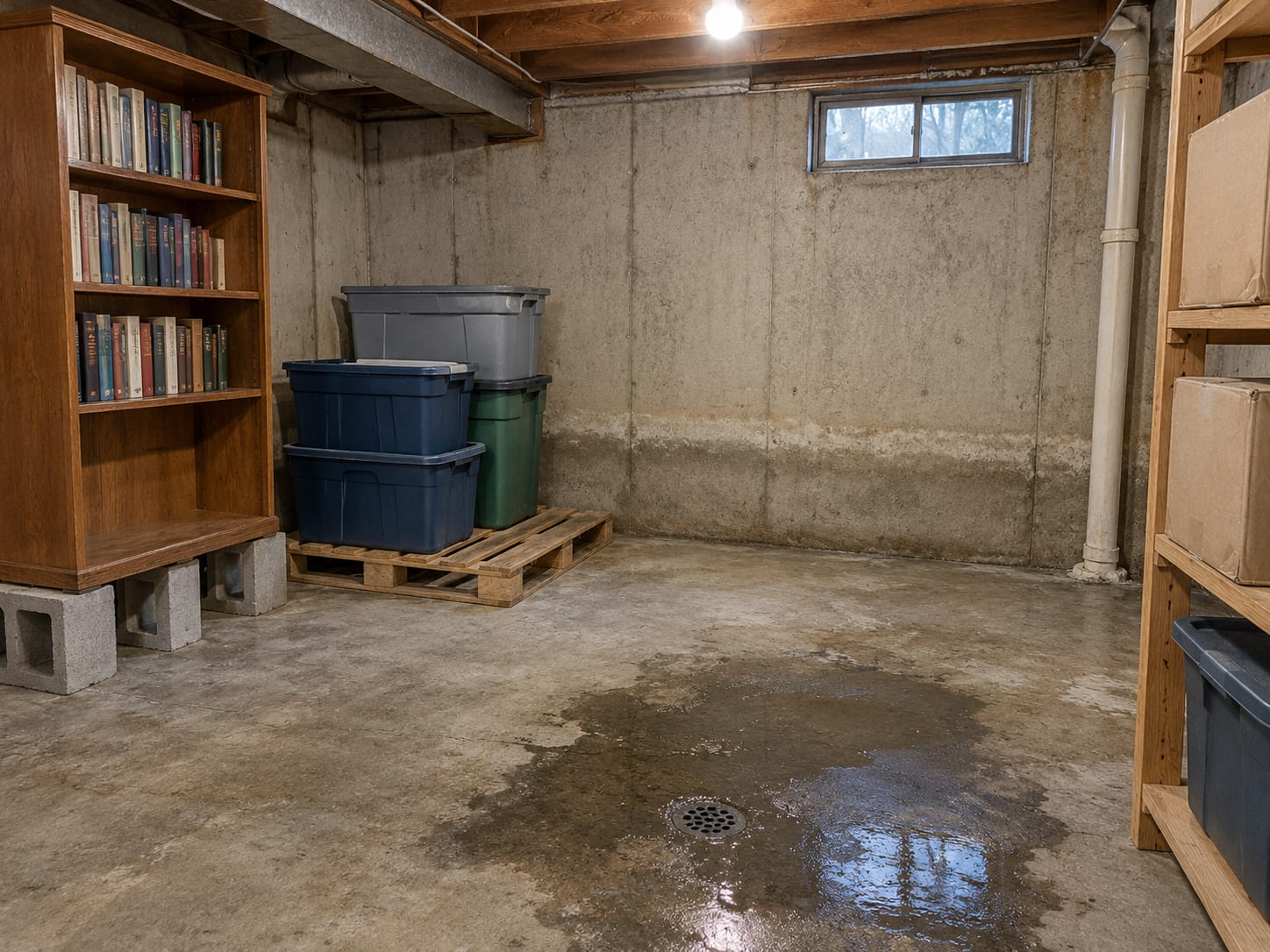 A bookcase and plastic bins raised on cinder blocks above a damp concrete basement floor with wet cardboard boxes stacked on a pallet, in a Bordentown, New Jersey home