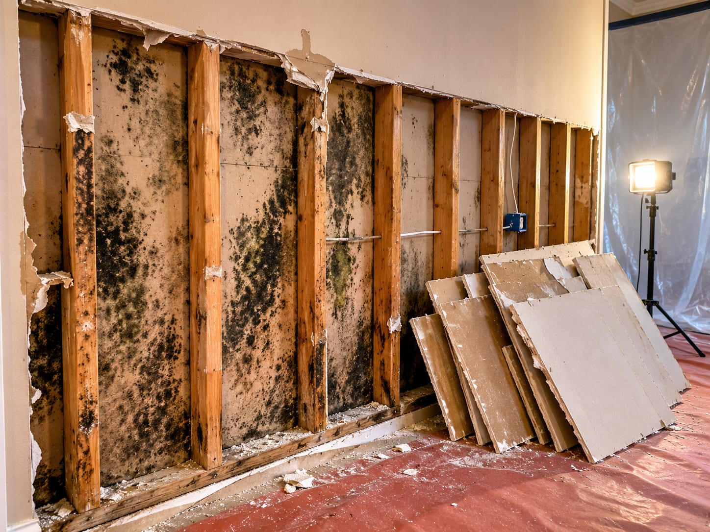 Partially removed drywall panels exposing dark mold staining on wall framing studs inside a residential room under containment