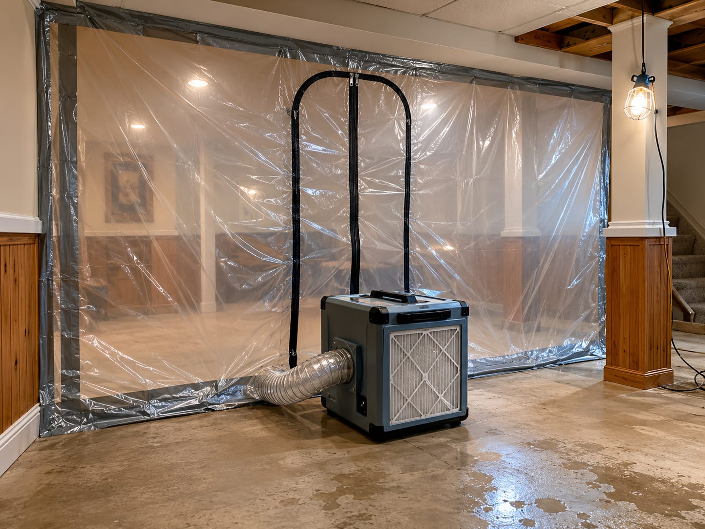 Plastic containment sheeting sealing off a finished basement area with a HEPA negative-air scrubber unit positioned at the barrier entrance