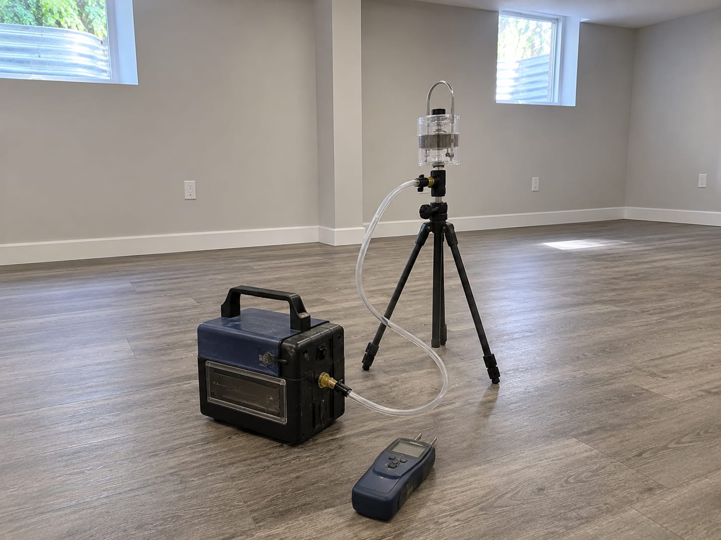 Air sampling pump and cassette on a finished basement floor beside a moisture meter