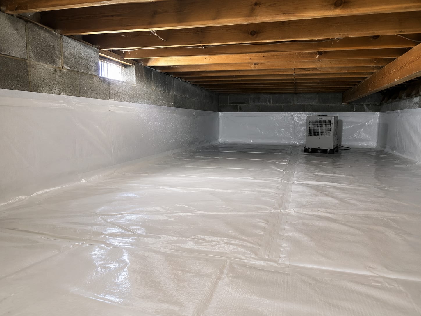 Crawl space with white vapor barrier encapsulation installed over bare earth and block foundation walls