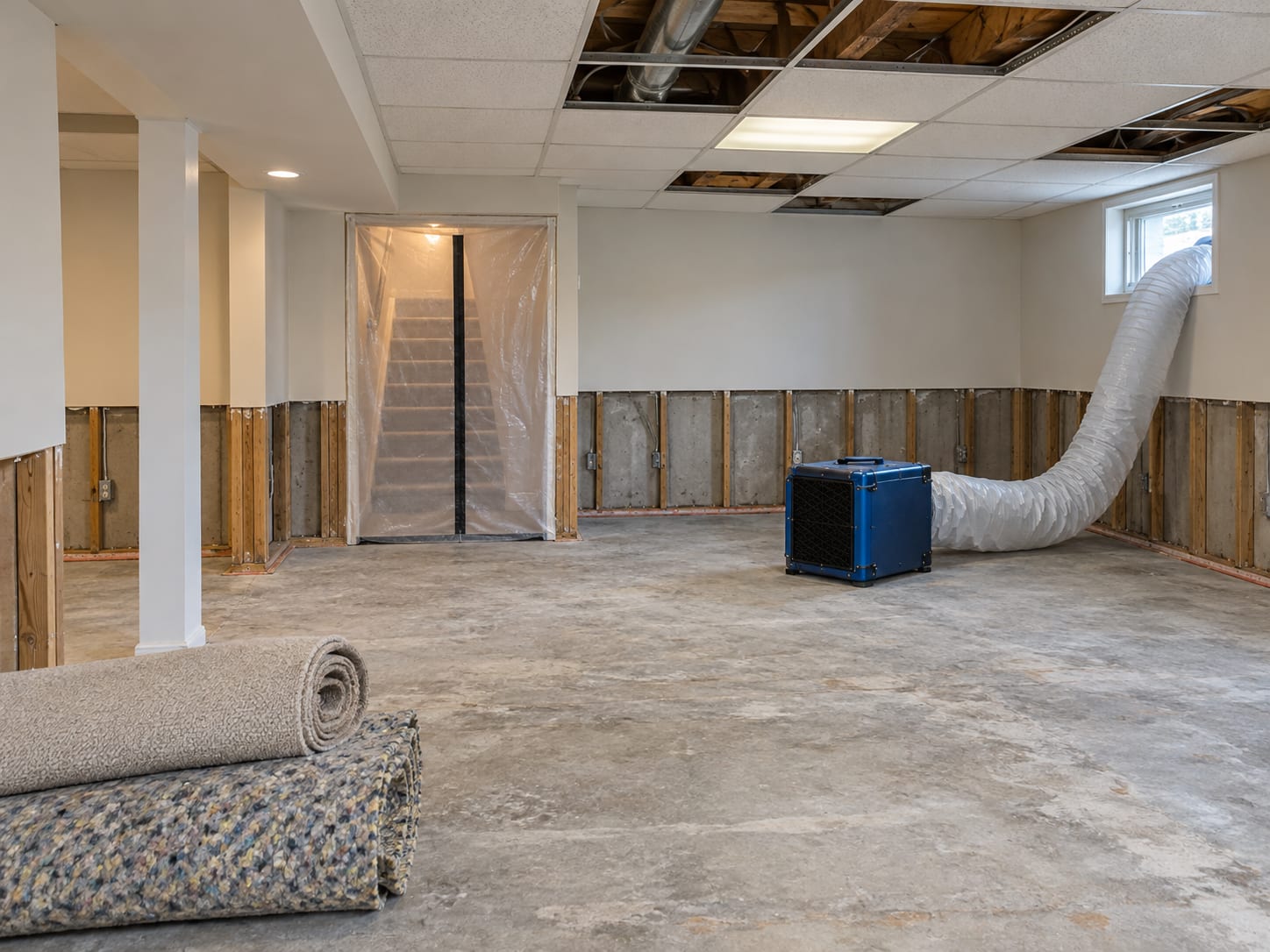 A finished basement in a 1990s Cranbury, New Jersey house with wet carpet pulled up, drywall cut out in a straight line and ceiling panels removed under containment