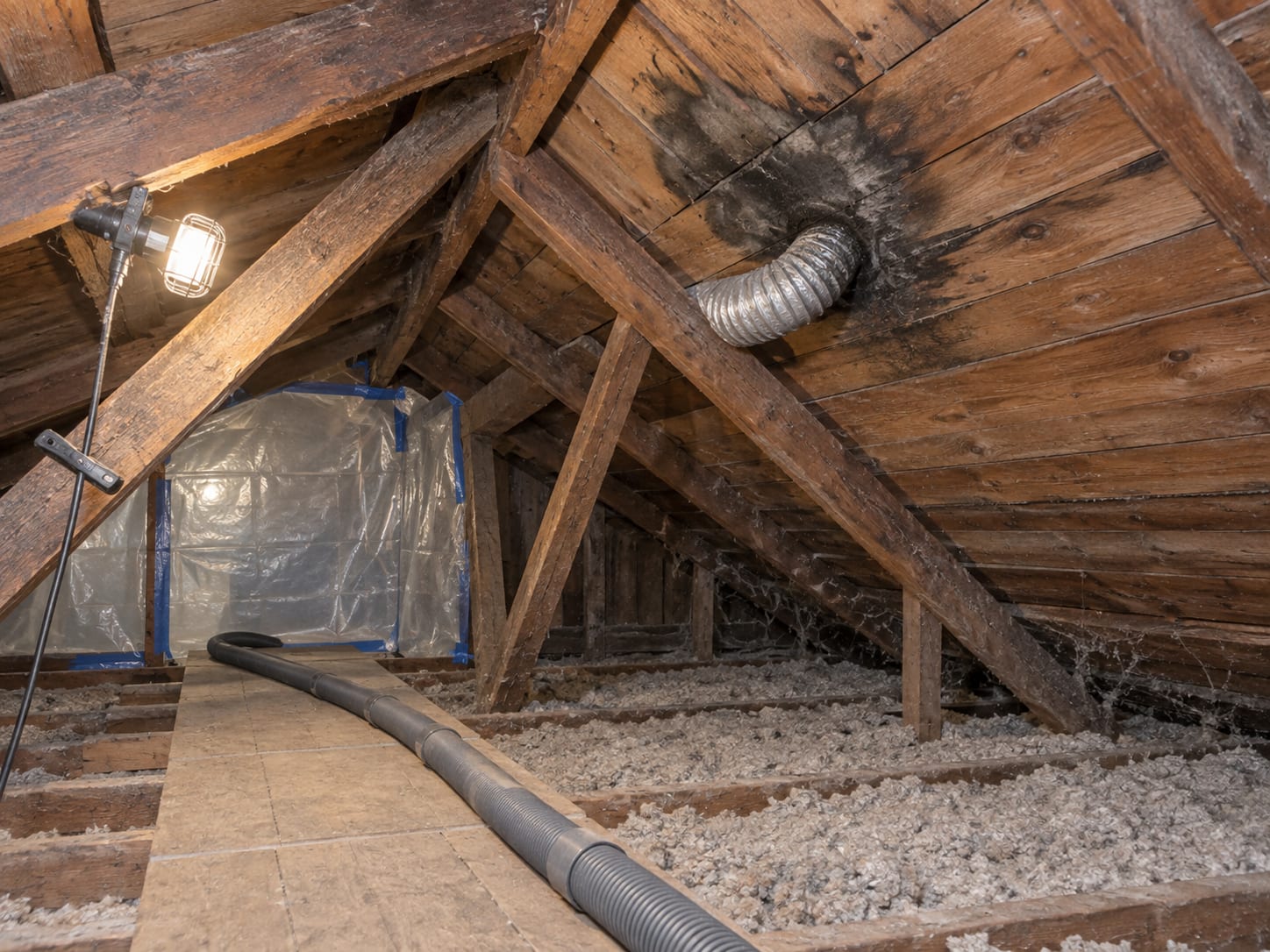 Old plank roof boards in an attic with dark staining spreading from a bathroom exhaust duct that ends in the attic, in a Cranbury, New Jersey house