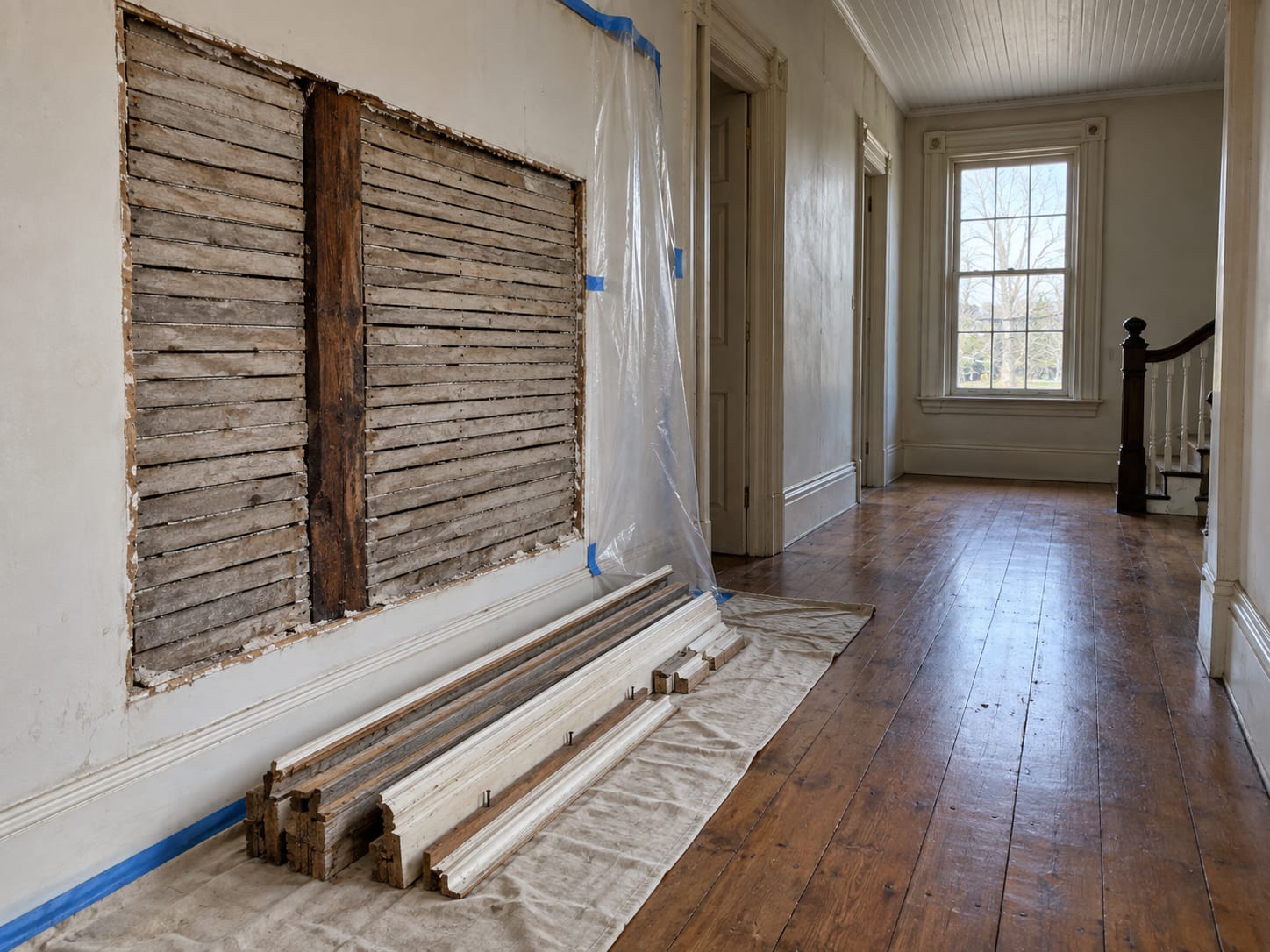 Original tall wood baseboards and window casings carefully removed and laid on a drop cloth in a hallway of a historic Cranbury, New Jersey house, with an opened plaster wall behind