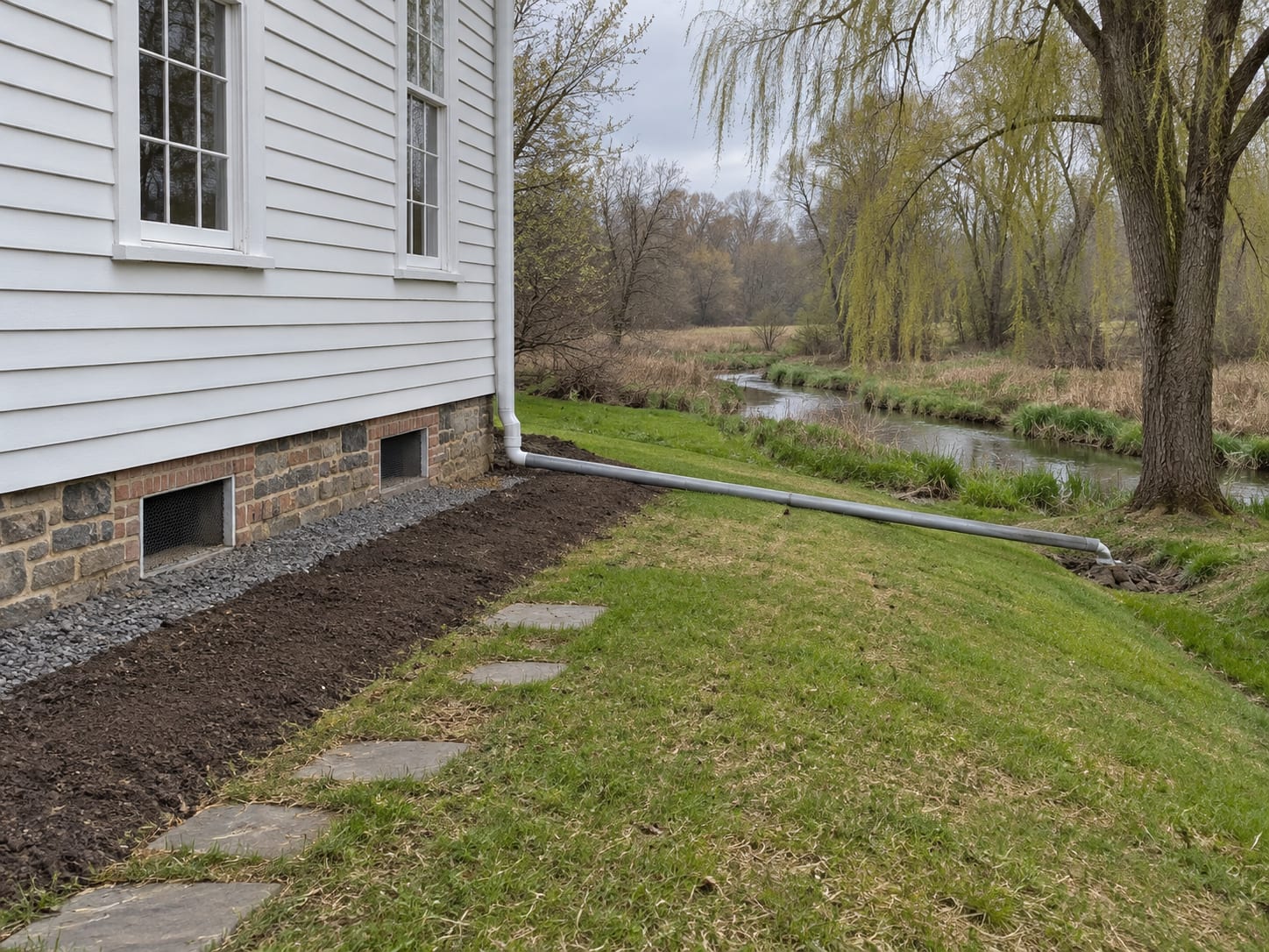 A clapboard house foundation with gravel regraded to slope away, a downspout carried out through a solid pipe to a grassed swale, and a small brook with reeds beyond, in Cranbury, New Jersey