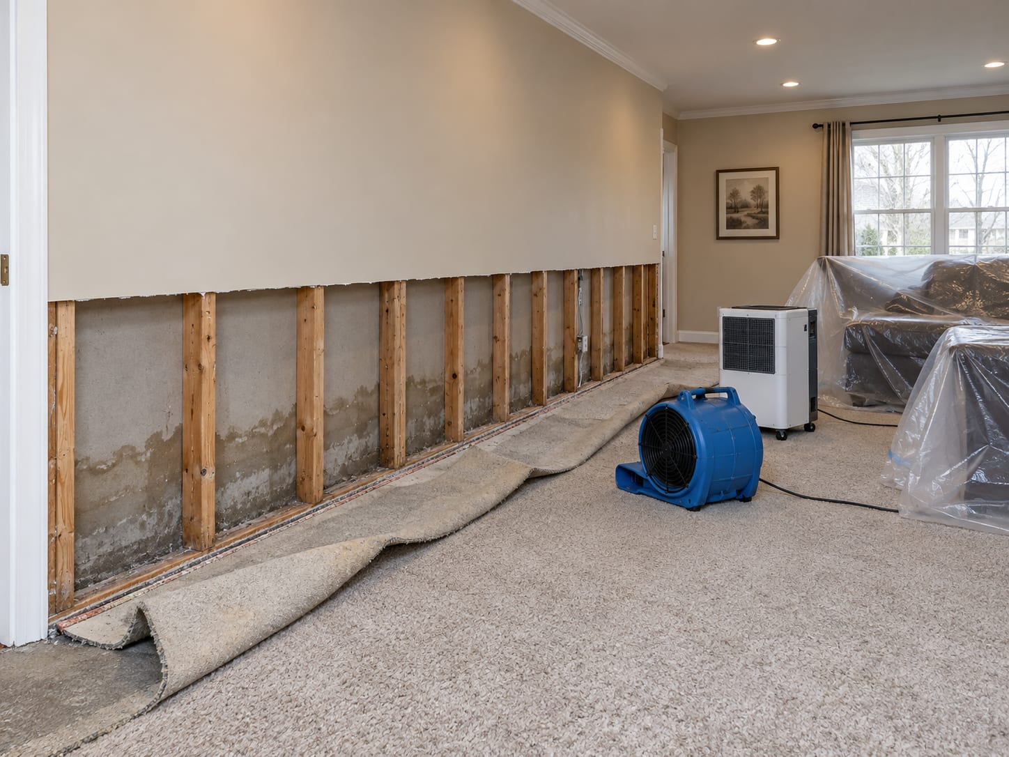 Drywall cut away along the base of a shared townhouse wall, showing water stained studs and a fire rated wall behind, with drying equipment, in a Dayton, New Jersey home
