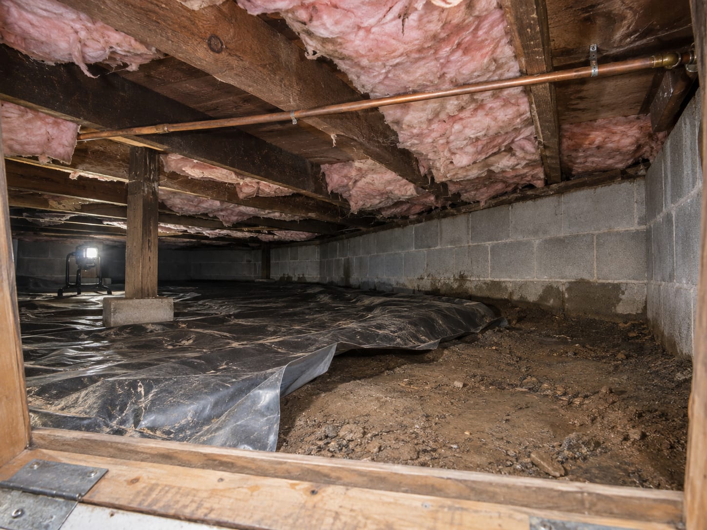 A low crawl space under a Dayton townhouse shows sagging insulation and darkened joists reached through a floor hatch.
