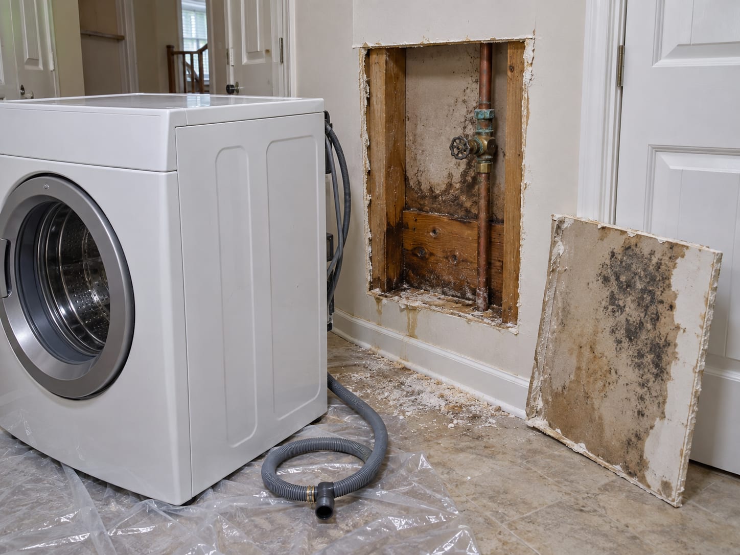 A laundry closet wall in a Dayton townhouse is opened to show a wet supply line fitting and stained studs.