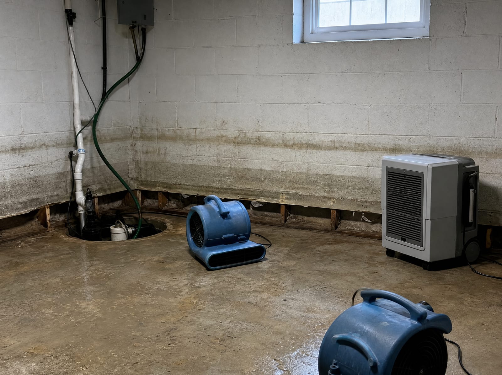 A flooded lower level in a coastal New Jersey home with a waterline on the block wall, a sump pump, and air movers drying the floor