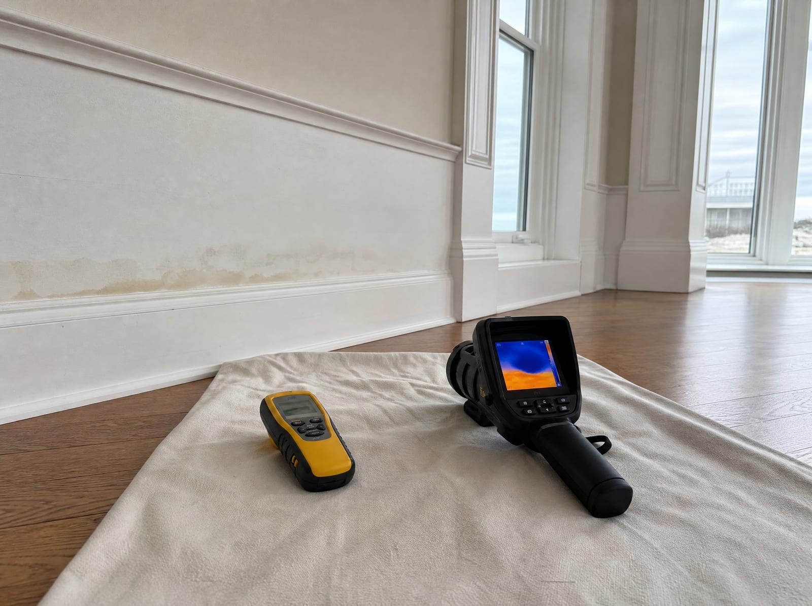 A moisture meter and thermal imaging camera showing a moisture reading during a restoration assessment in a coastal New Jersey home