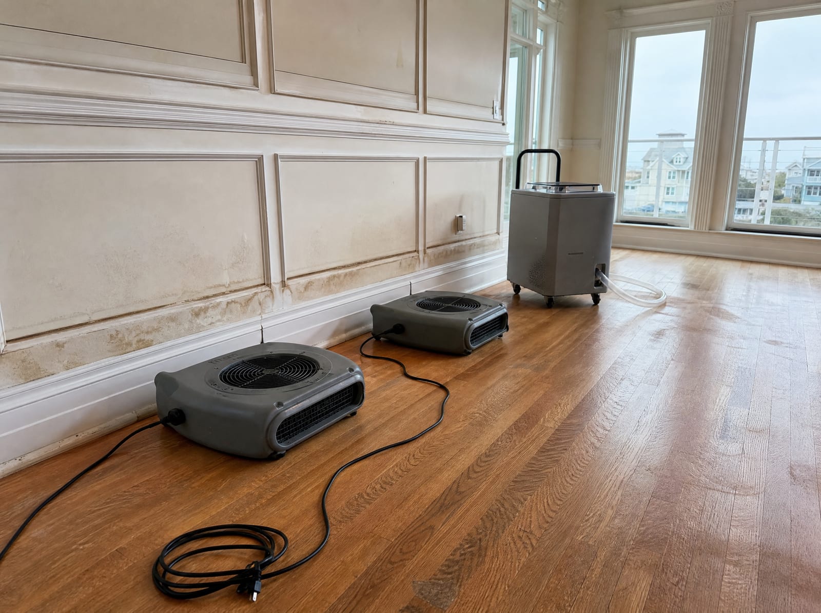 Commercial air movers and a dehumidifier drying a water-damaged room with wall staining in a coastal New Jersey home