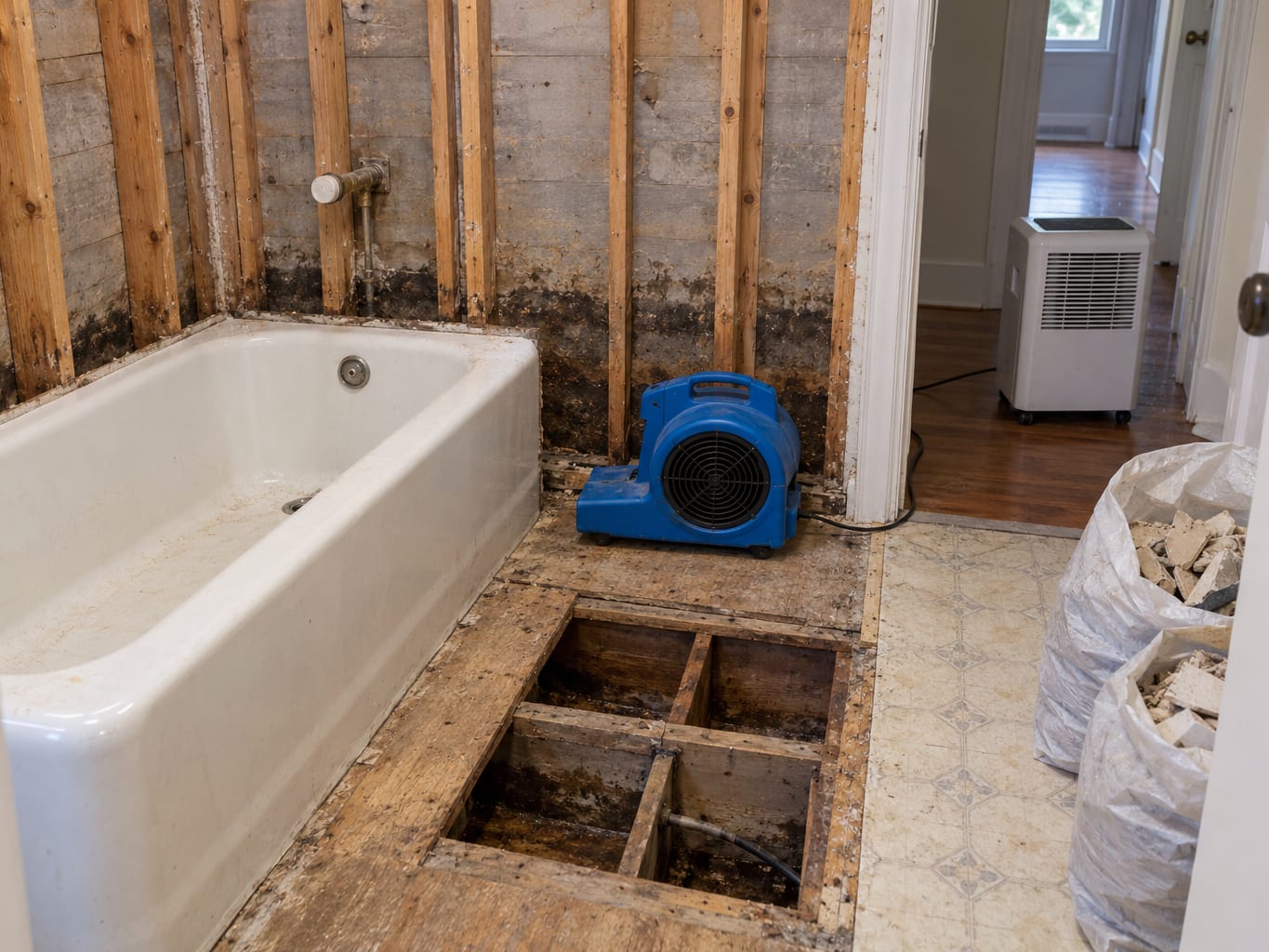 A bathroom with the tile tub surround removed to the studs, a cast iron tub in place and the plywood subfloor around it opened and drying, in an East Brunswick, New Jersey house