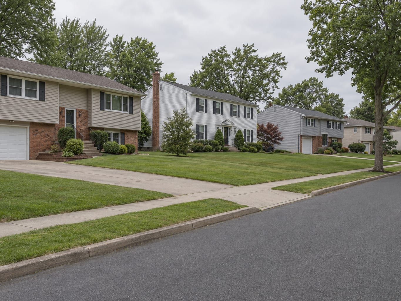 Brick lower fronted split level and bi-level houses with vinyl siding above, attached garages and wide lawns on a straight suburban street, in East Brunswick, New Jersey
