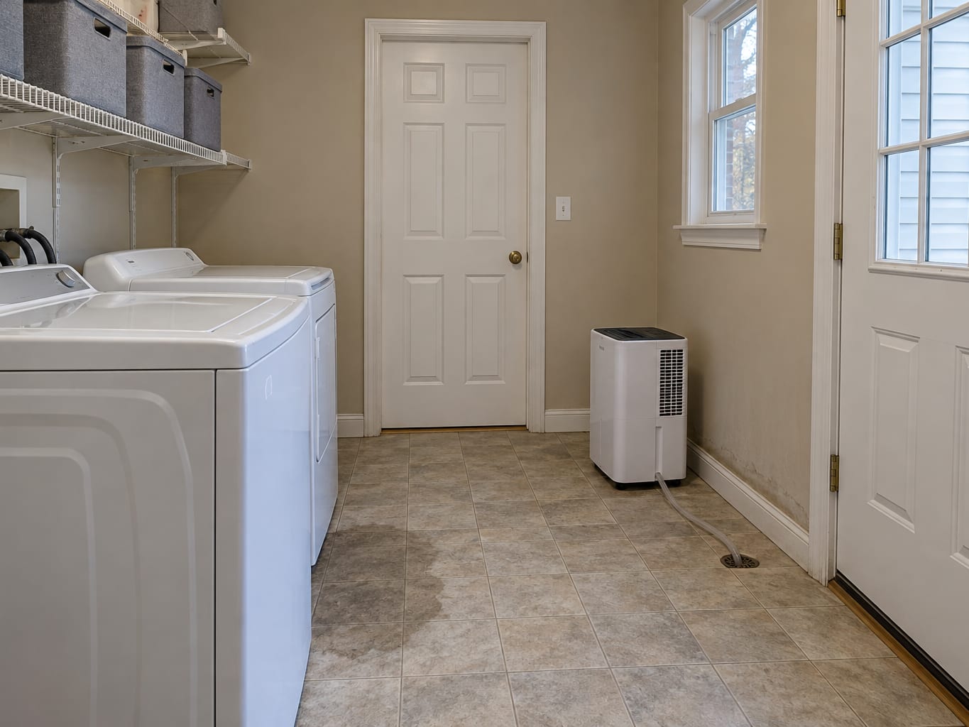 A cleared laundry room in an East Rocky Hill colonial with a dehumidifier draining to the floor drain and the door closed.