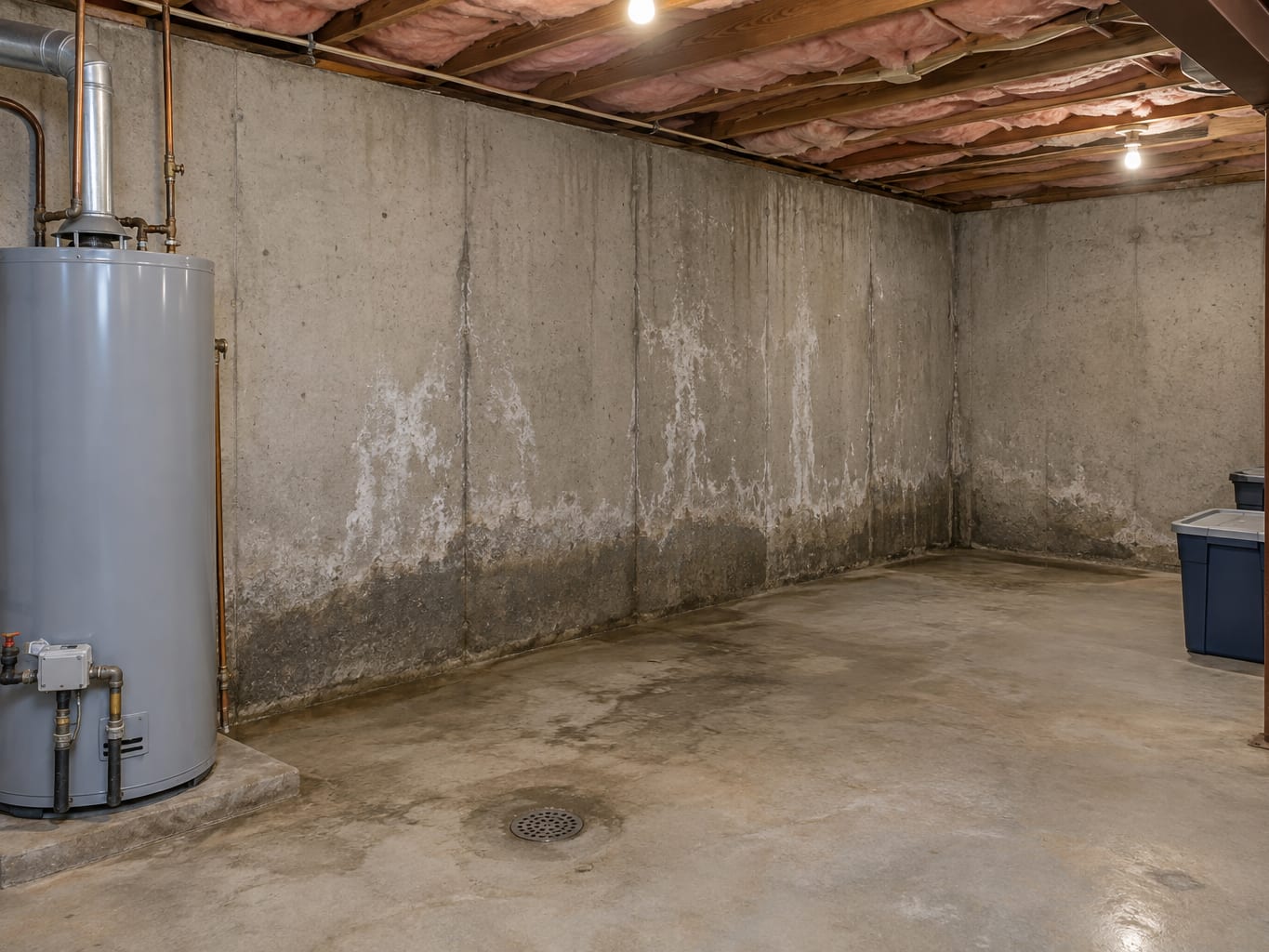 In an East Rocky Hill basement, white mineral crust and a dark damp band mark where water moves through a poured concrete wall.