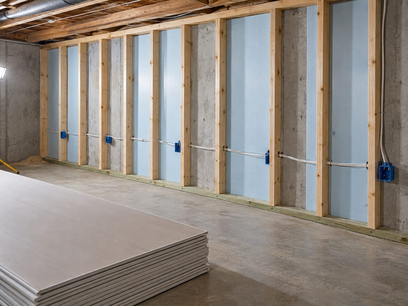 New dry lumber framing with stapled cable and empty electrical boxes stands open in a rebuilt East Rocky Hill basement wall.