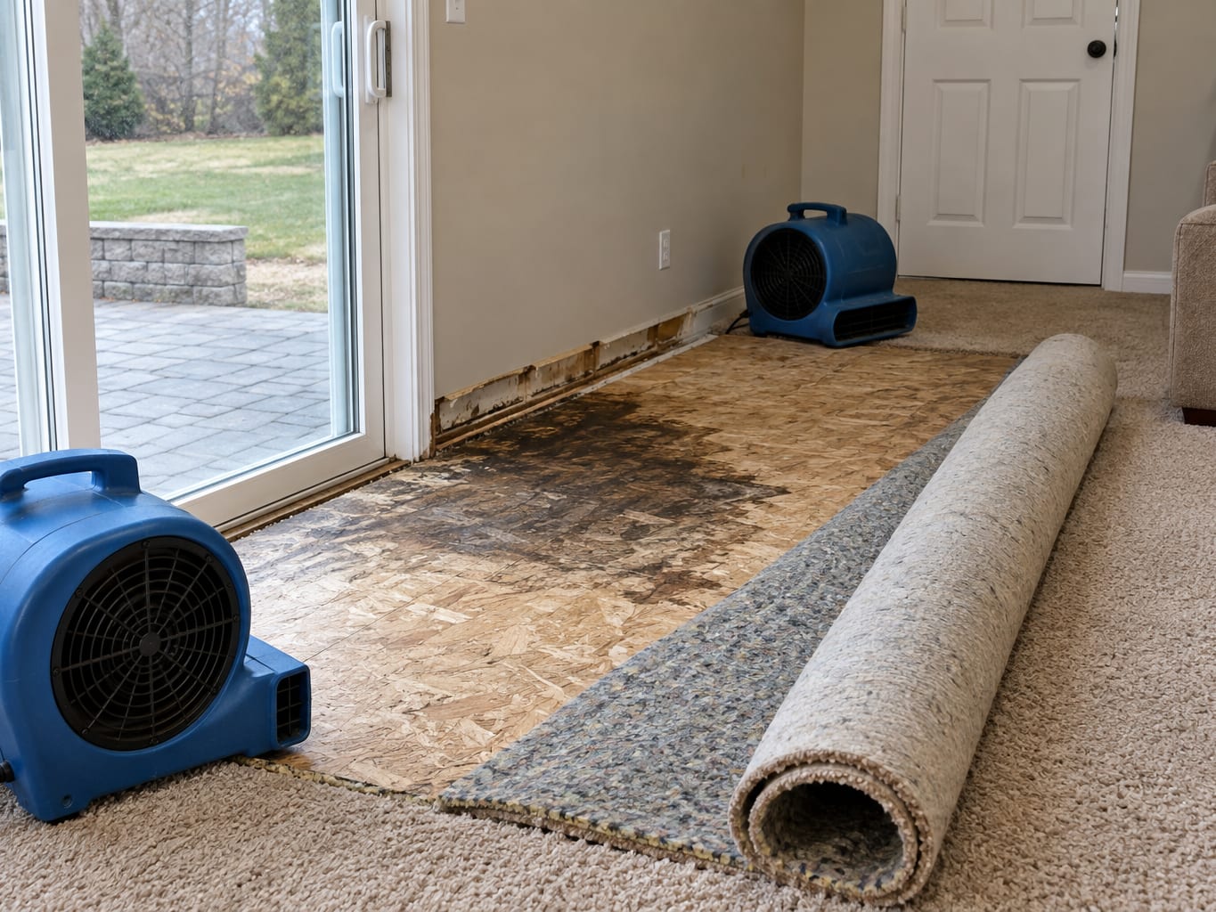 Wall to wall carpet and pad cut and pulled back from a wet subfloor beside a sliding door, with air movers drying the subfloor, in an East Rocky Hill, New Jersey home
