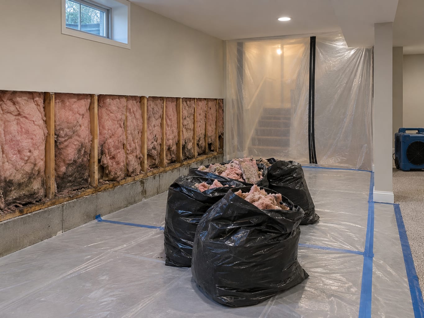 Wet fiberglass insulation and drywall are cut out along an exterior wall of a finished East Rocky Hill basement behind poly containment.