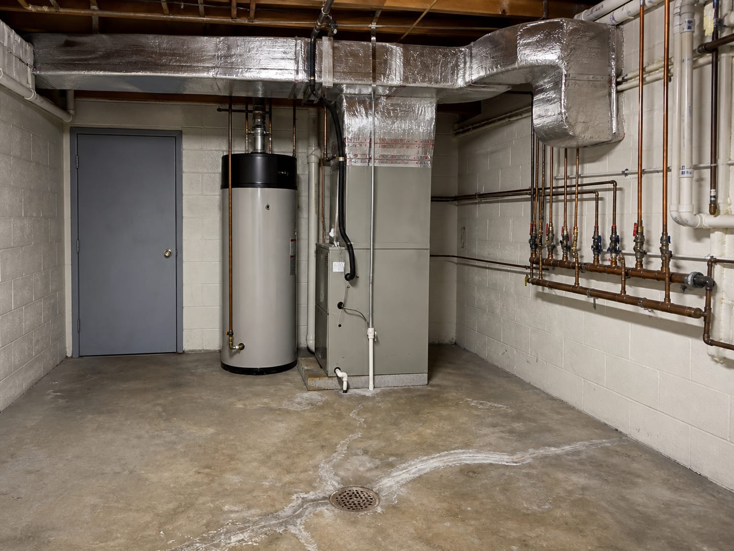 A shared utility room in an attached residential building with a water heater, an air handler, ducting and a floor drain in the slab
