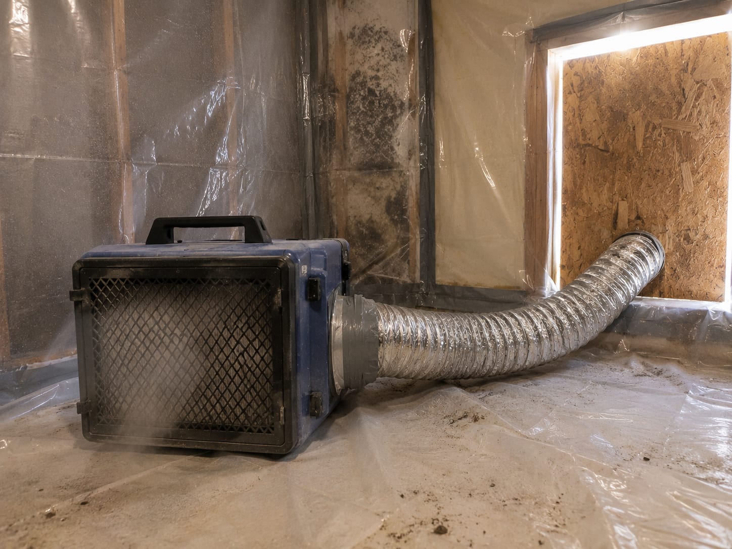 A HEPA air scrubber unit operating inside a polyethylene-lined containment zone with flexible duct exhausting through a window