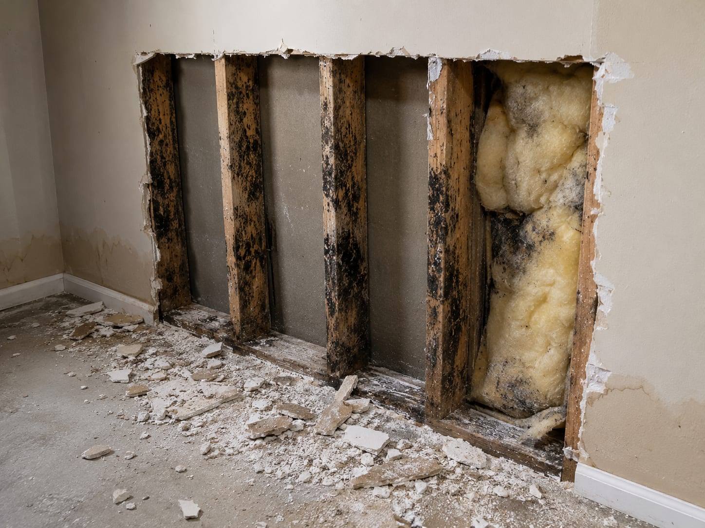 Sections of removed drywall exposing wall framing with visible mold growth on wood studs inside a New Jersey home