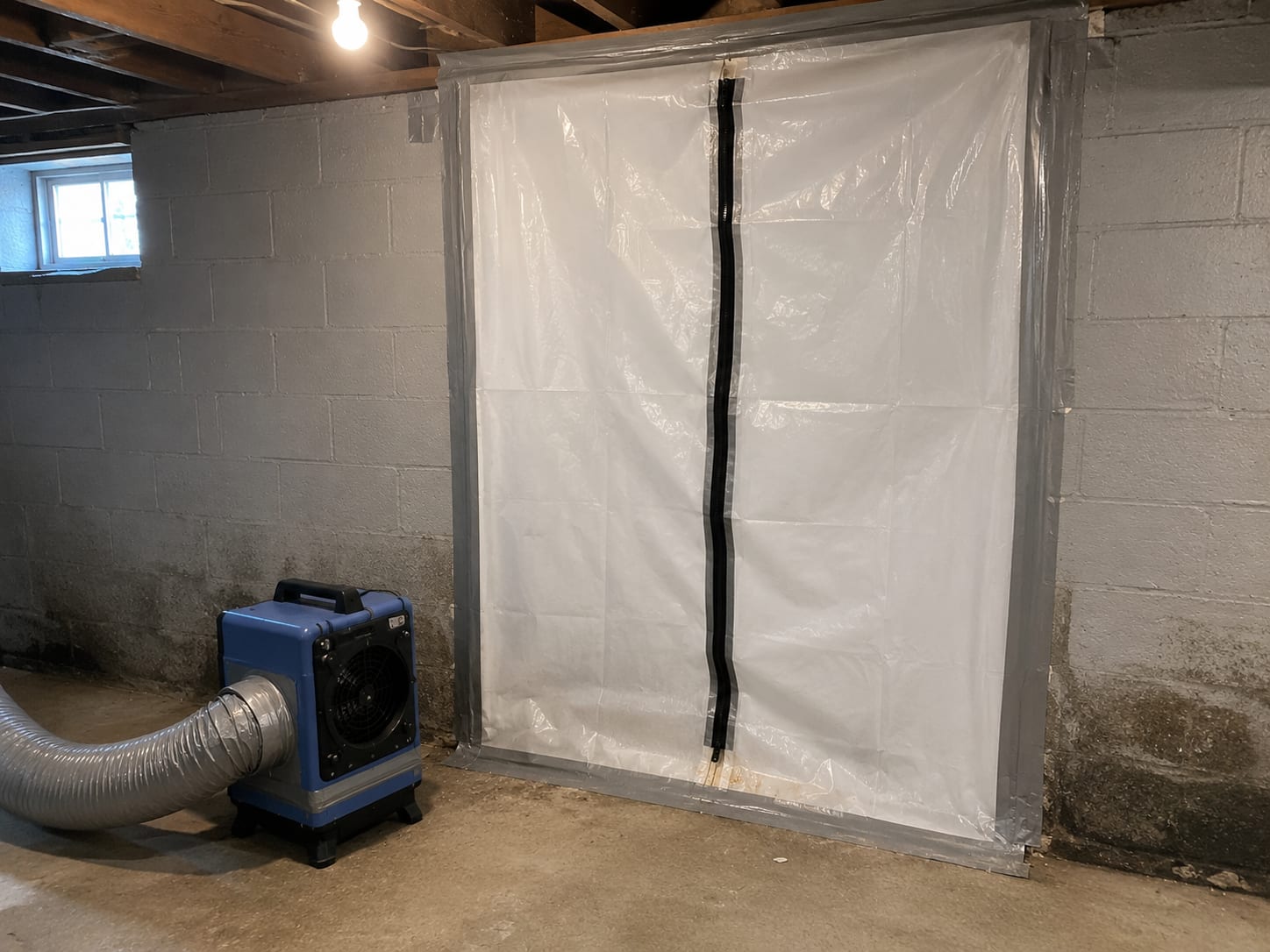 Plastic containment sheeting sealing off a basement doorway in a New Jersey home during active mold remediation