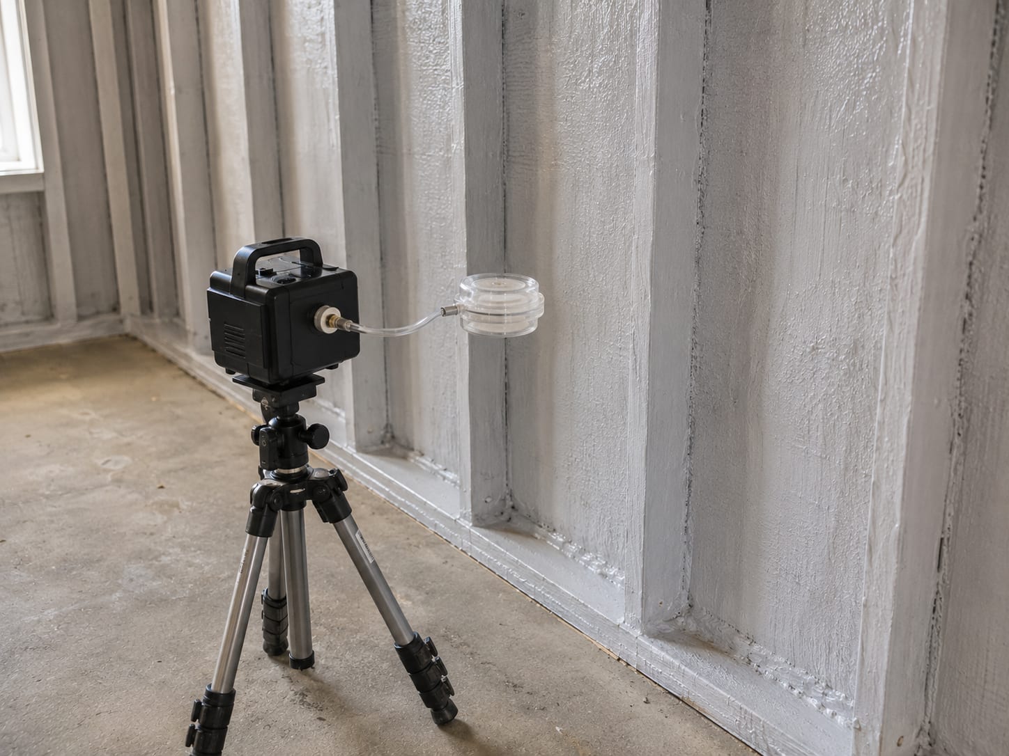 Air sampling pump and cassette positioned near a treated wall surface inside a New Jersey home during post-remediation clearance testing