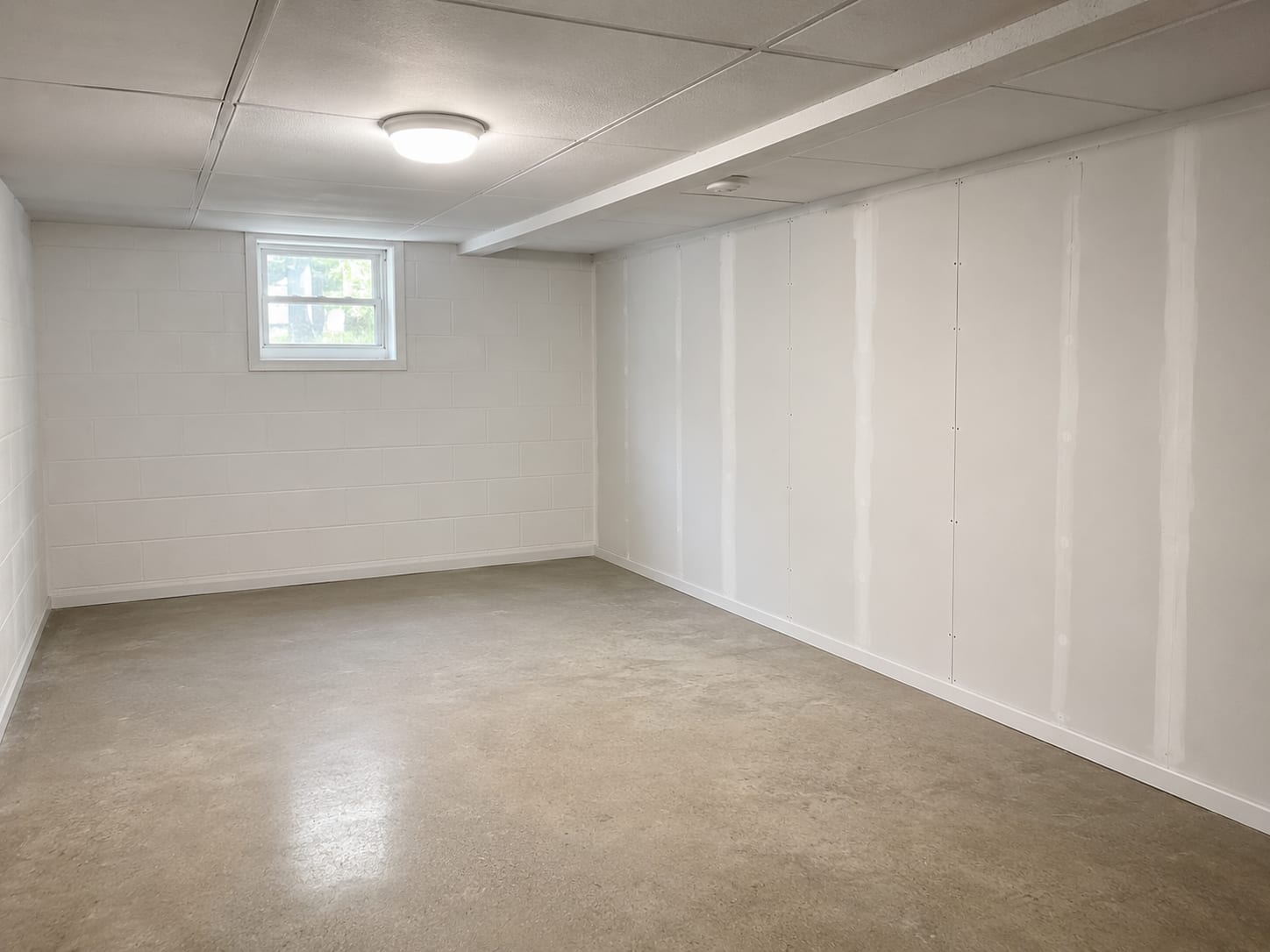 Clean finished basement interior of a New Jersey colonial home after mold remediation showing freshly painted walls and dry concrete floor
