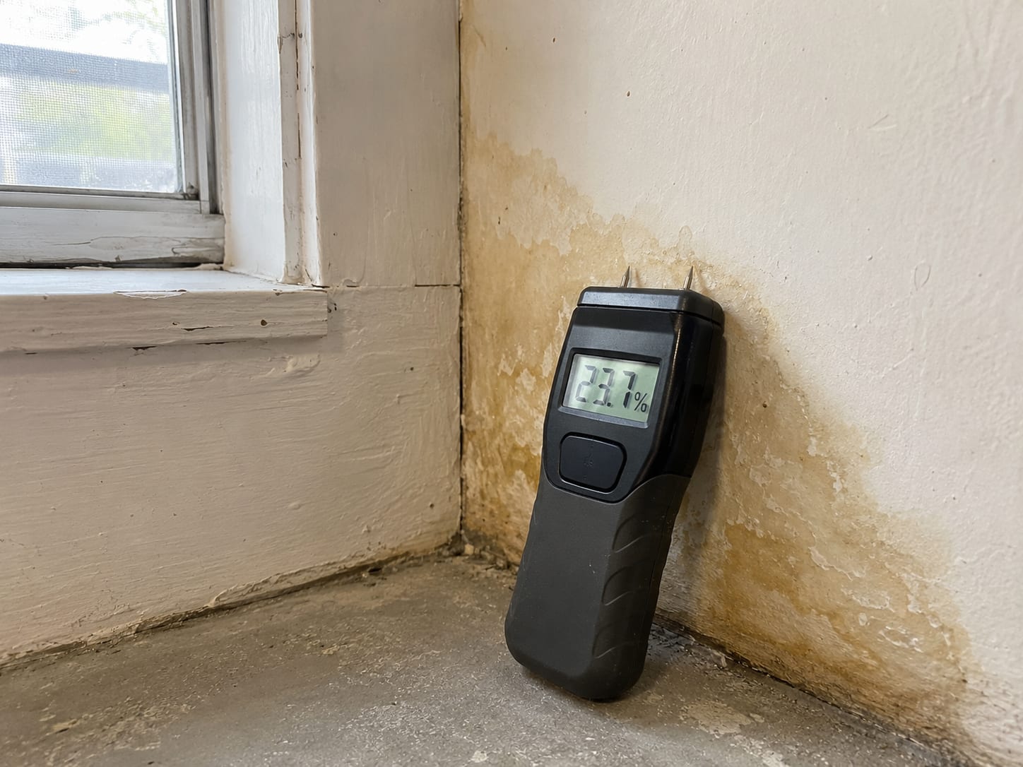 Digital moisture meter probe pressed against a water-stained drywall surface near a basement window in a New Jersey home