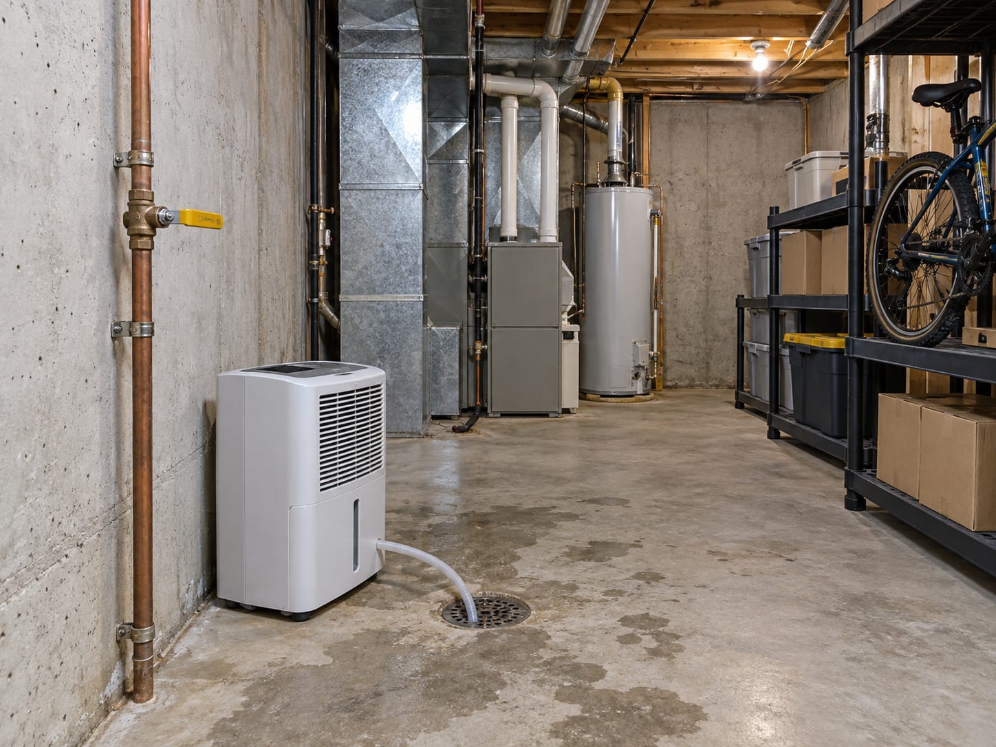 A basement utility corner with a main water shutoff valve, a meter, a dehumidifier running and stored boxes lifted onto plastic shelving, in a Forsgate, New Jersey home