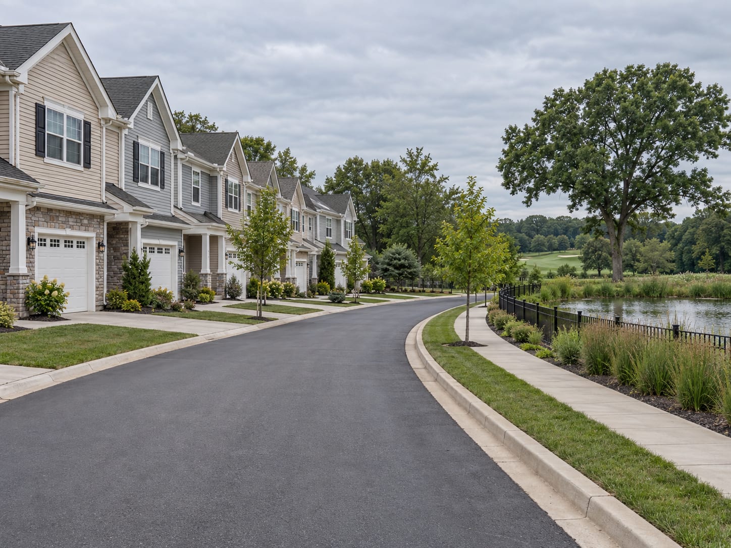 A curving street of two storey attached townhomes with garage doors and stone veneer beside a retention pond, in Forsgate, New Jersey