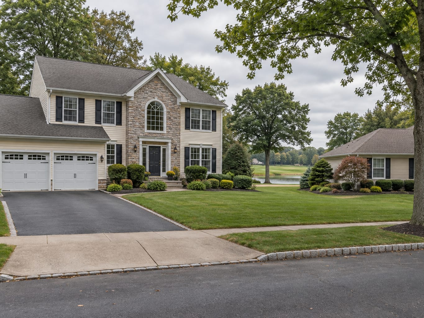 A two storey colonial with vinyl siding, a stone accent and an attached garage on a landscaped street near a golf course, in Forsgate, New Jersey