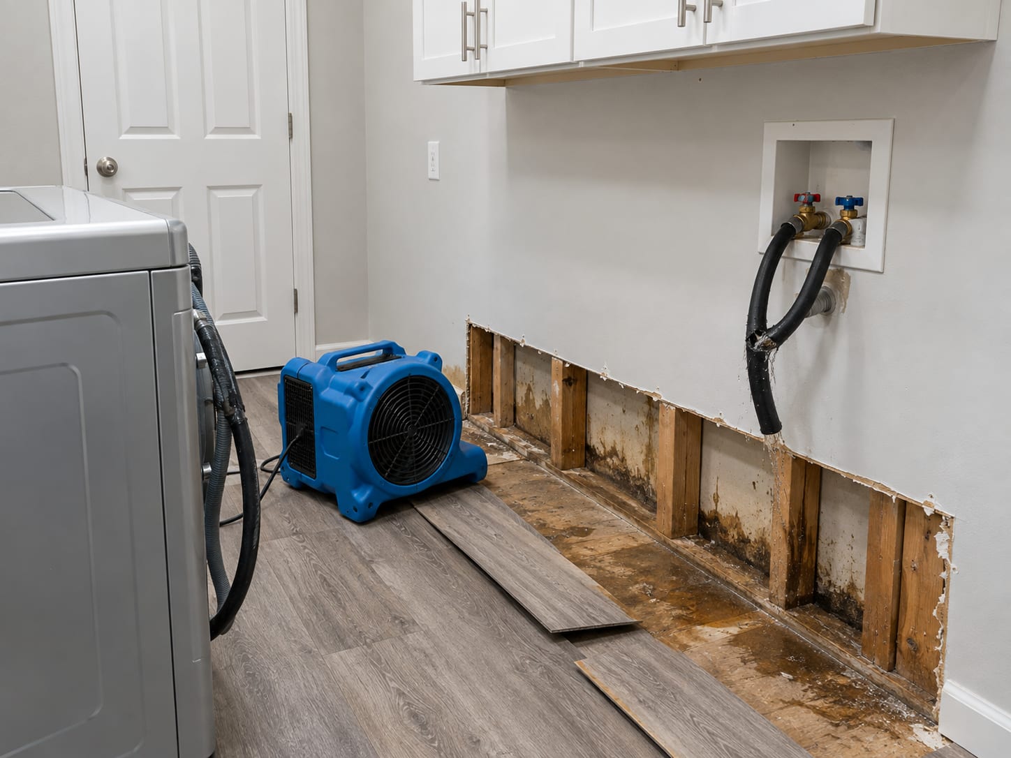 A laundry room with the washer pulled out, a failed supply hose and stained drywall and flooring behind it being dried, in a Forsgate, New Jersey home