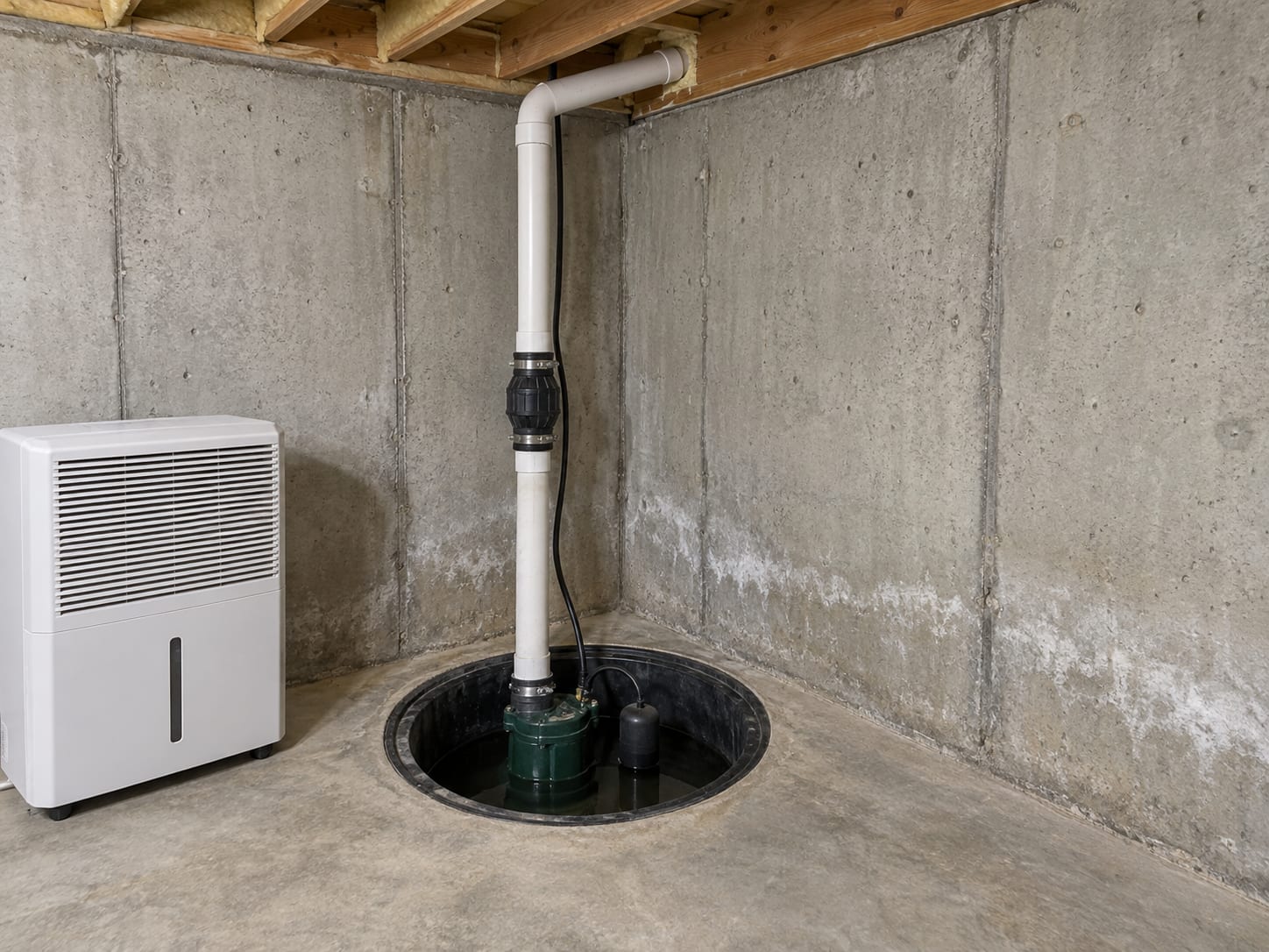 A sump pit with a pump, a float switch and a plastic discharge pipe running up a poured concrete basement wall, with white mineral marks above the floor, in a Forsgate, New Jersey home