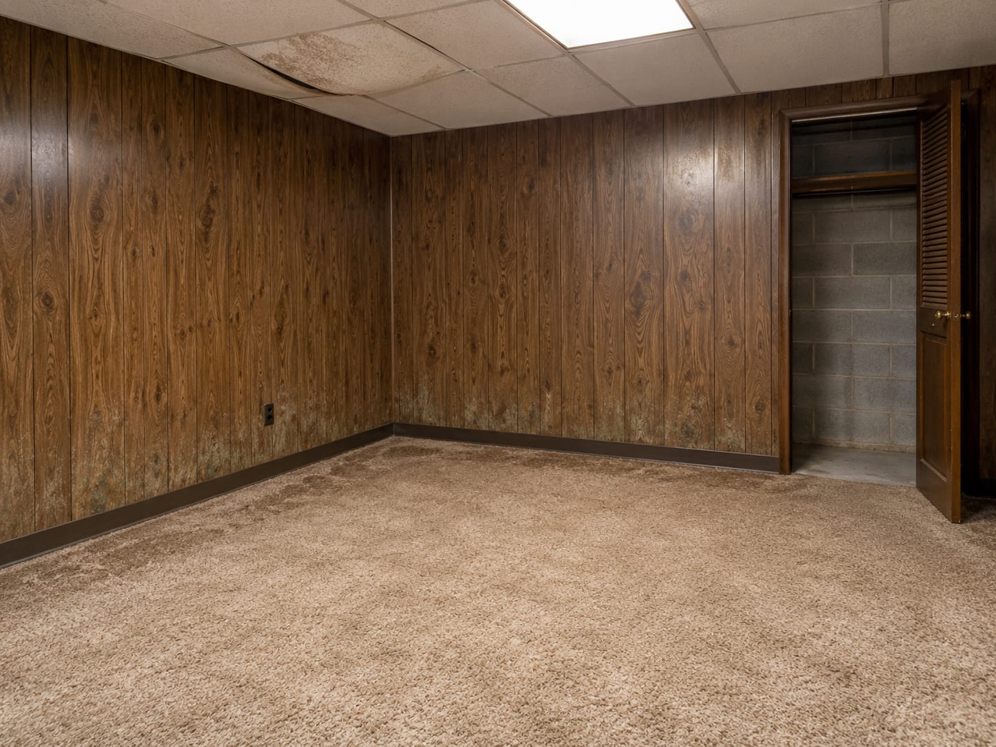 The corner of a finished basement with wood paneling, a stained drop ceiling tile and dark spotting along the bottom of the paneling above damp carpet, in Franklin Township, New Jersey