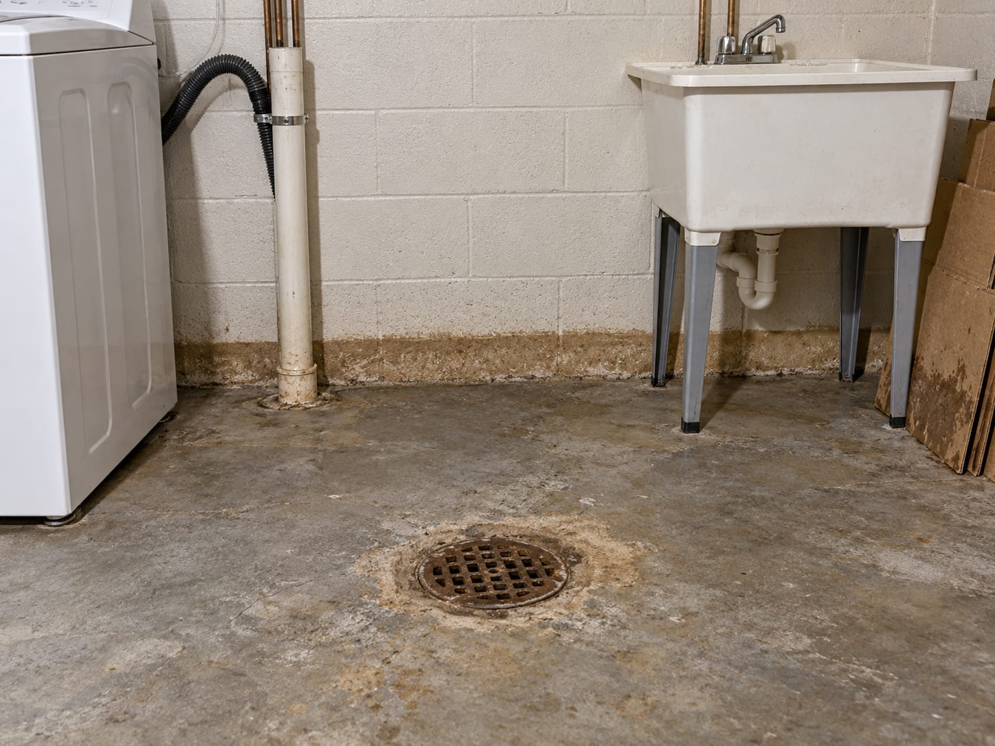 A basement floor drain with a ring of dried mud, a brown tide line on a painted block wall and a laundry sink beside it, in Franklin Township, New Jersey