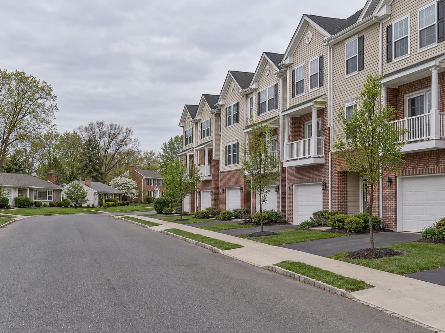 A long row of brick and vinyl townhouses with garages at street level, beside a street of older ranch houses, in Franklin Township, New Jersey