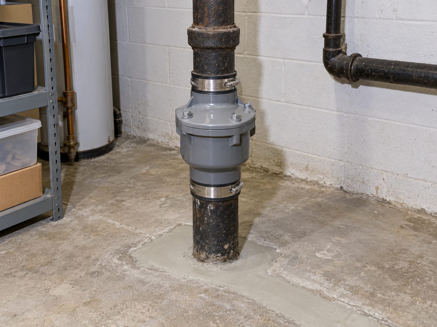 A cast iron basement main drain line with a newly installed backflow preventer fitting and an access cover, on a dry concrete floor, in Franklin Township, New Jersey