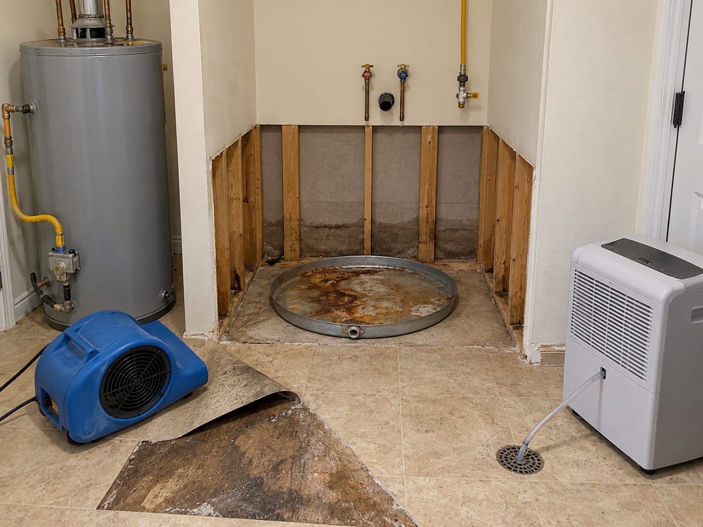 A utility room with the water heater drained and moved aside, the wall base cut away and the vinyl floor lifted to dry the subfloor, in a Franklin Township, New Jersey townhouse