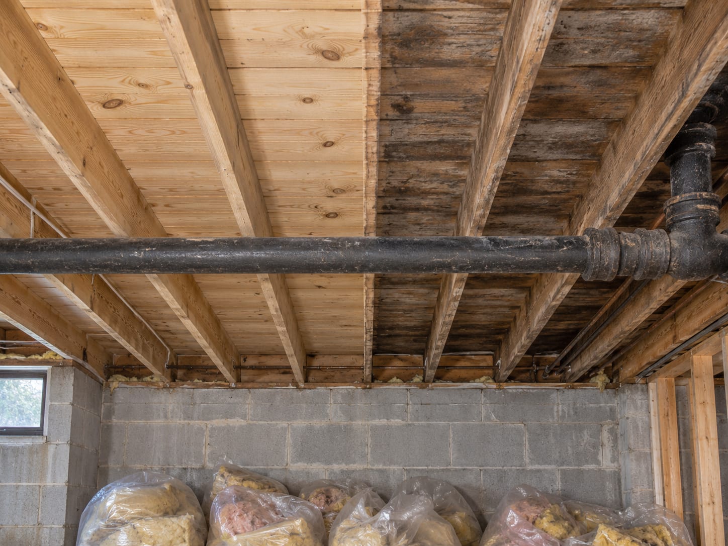 A basement ceiling with drywall removed showing joists, one section cleaned to pale bare wood and the neighboring section still stained dark, in a Franklin Township, New Jersey house