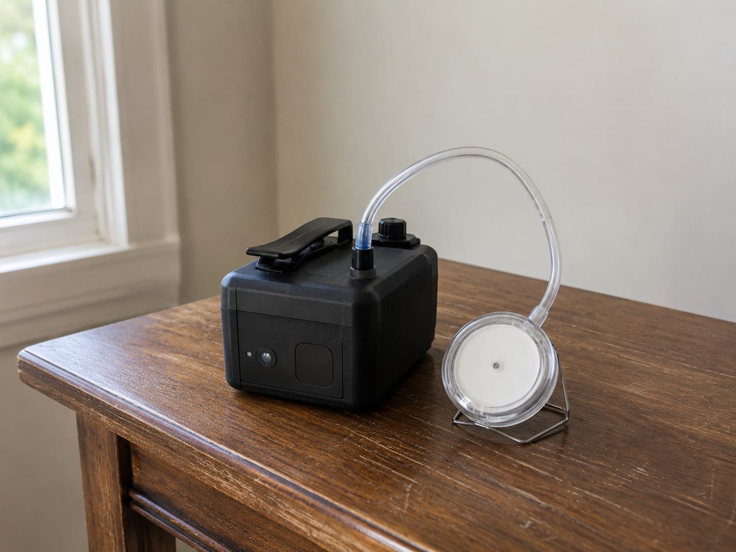 Indoor air quality sampling pump and cassette on a table in a New Jersey residential room during post-remediation testing