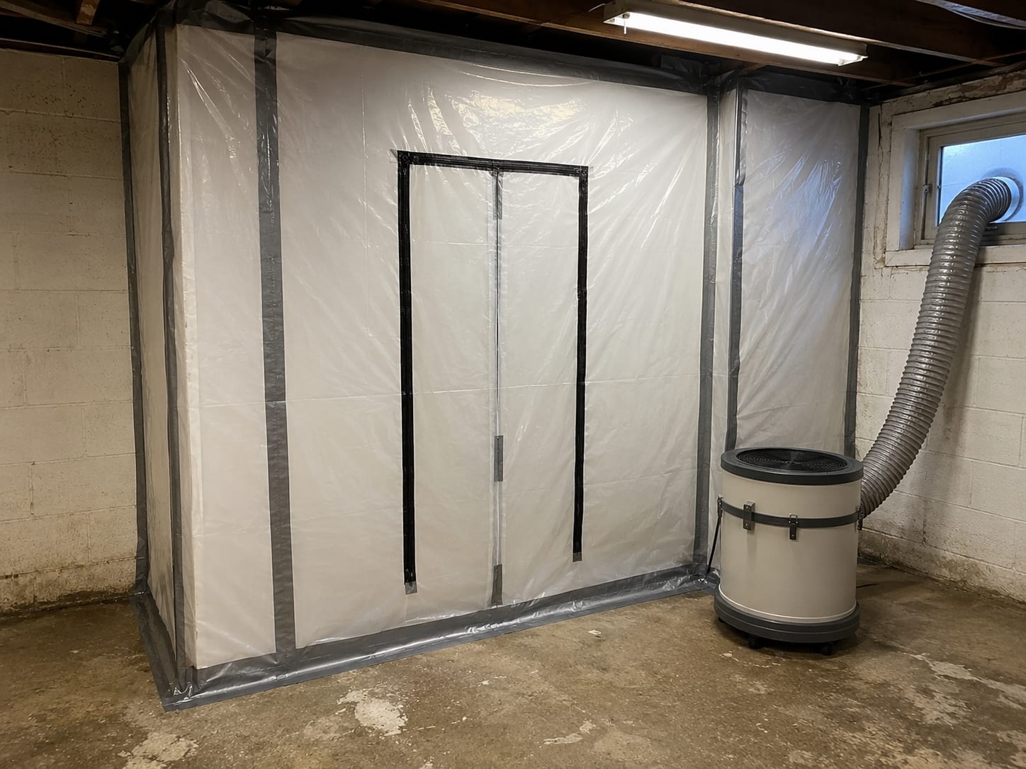 Sealed containment area inside a New Jersey home basement with polyethylene sheeting and a HEPA negative-air machine during active mold remediation