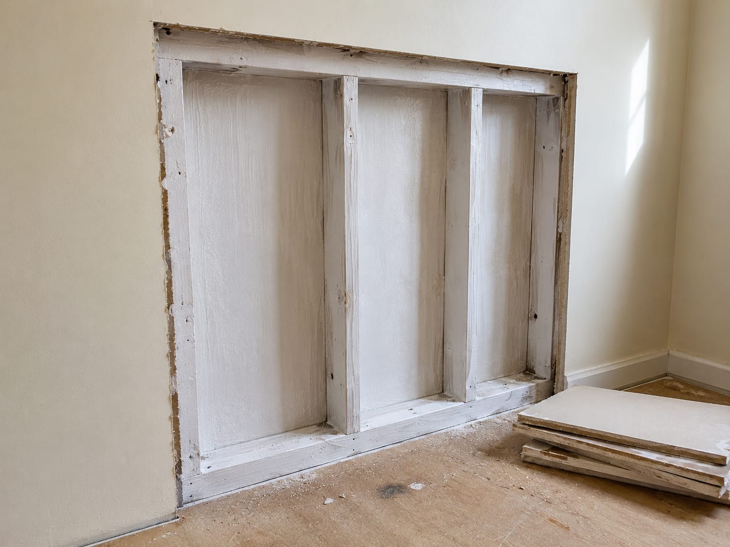 Partially removed drywall exposing treated wall cavity with antifungal-coated wood framing in a residential room