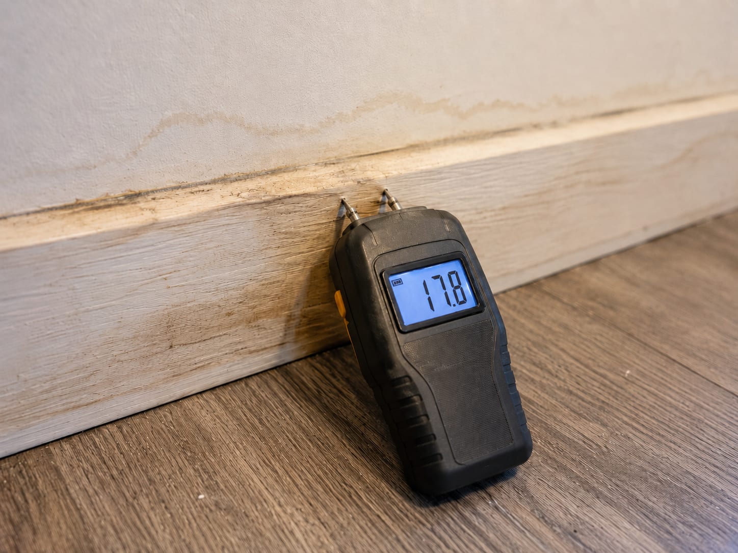 Digital pin-type moisture meter inserted into a discolored baseboard near a basement wall showing elevated readings